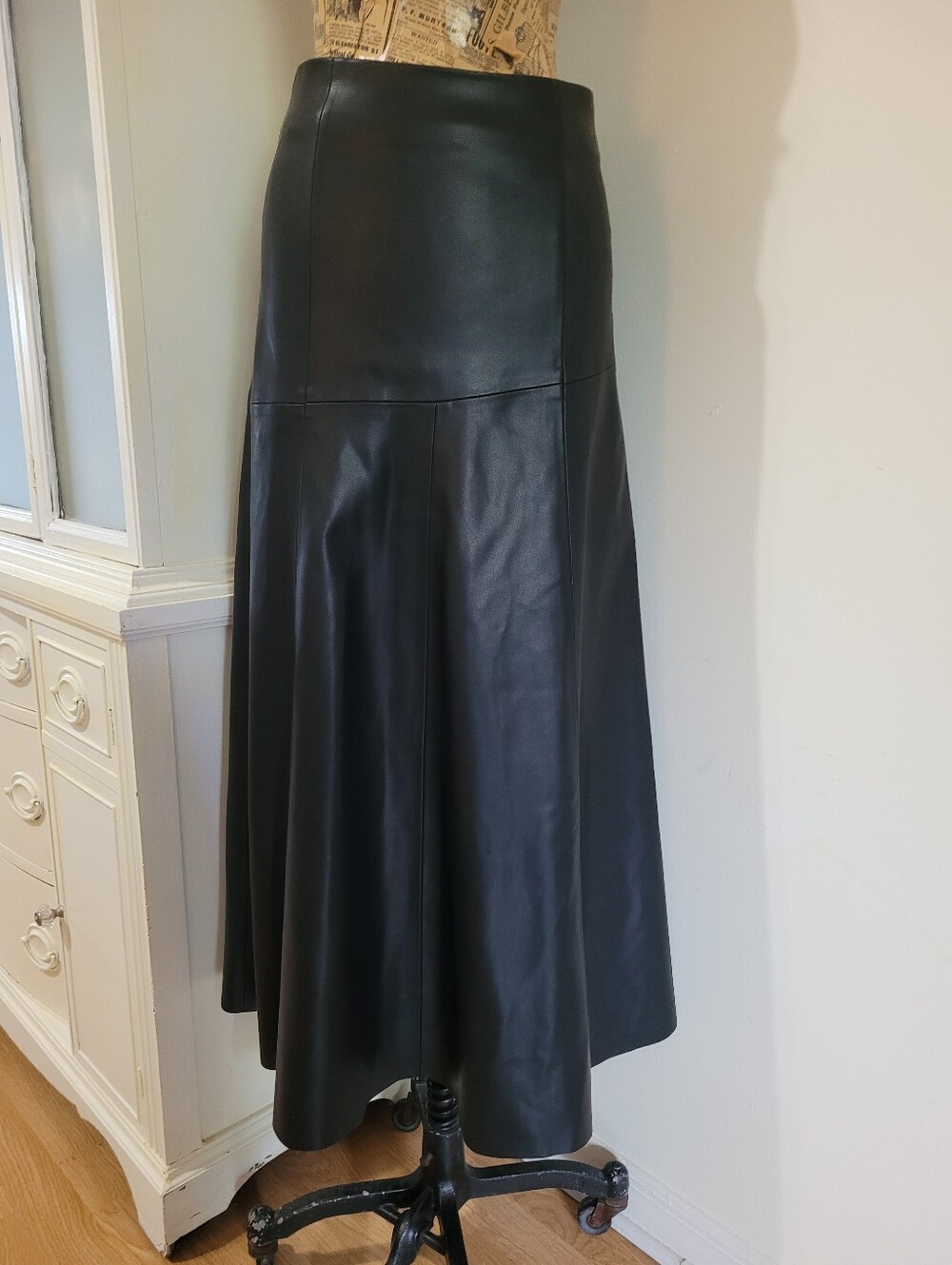 Pixie Market Black Leather Maxi Skirt with Flared Panels